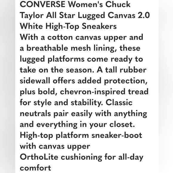 CONVERSE CHUCK TAYLOR ALL STAR LUGGED CANVAS 2.0 WHITE HI-TOP SNEAKERS s… - Picture 3 of 17